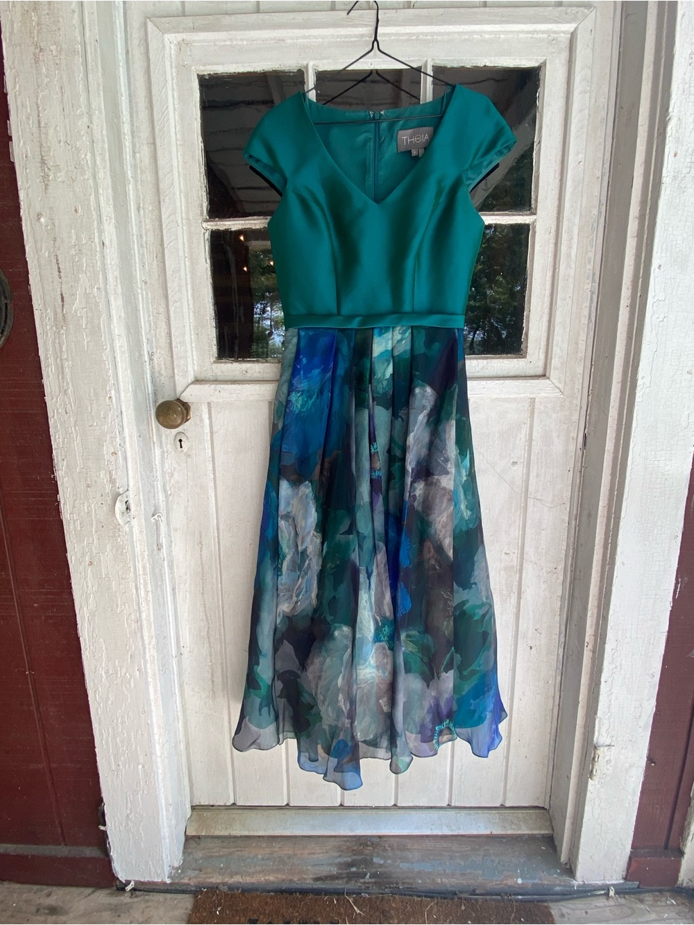 Theia Teal Cap Sleeve Midi Dress with Blue-Green Printed Skirt
